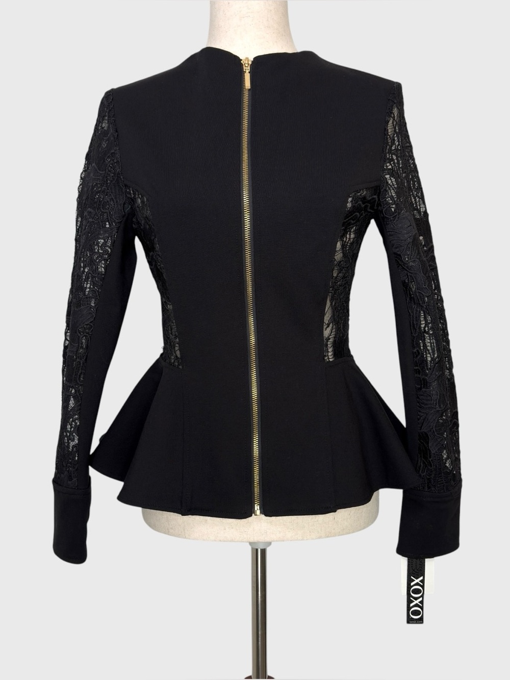 Black Peplum Jacket Size M With Sheer Lace Panels Y2K Corporate Goth Night Club